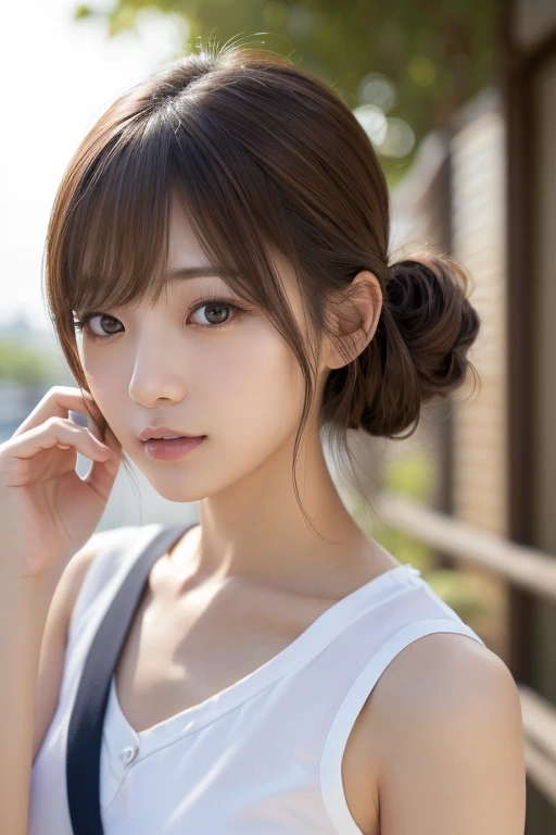 A woman with brown hair in a low bun and freckles as her trademark。Anime Style。
