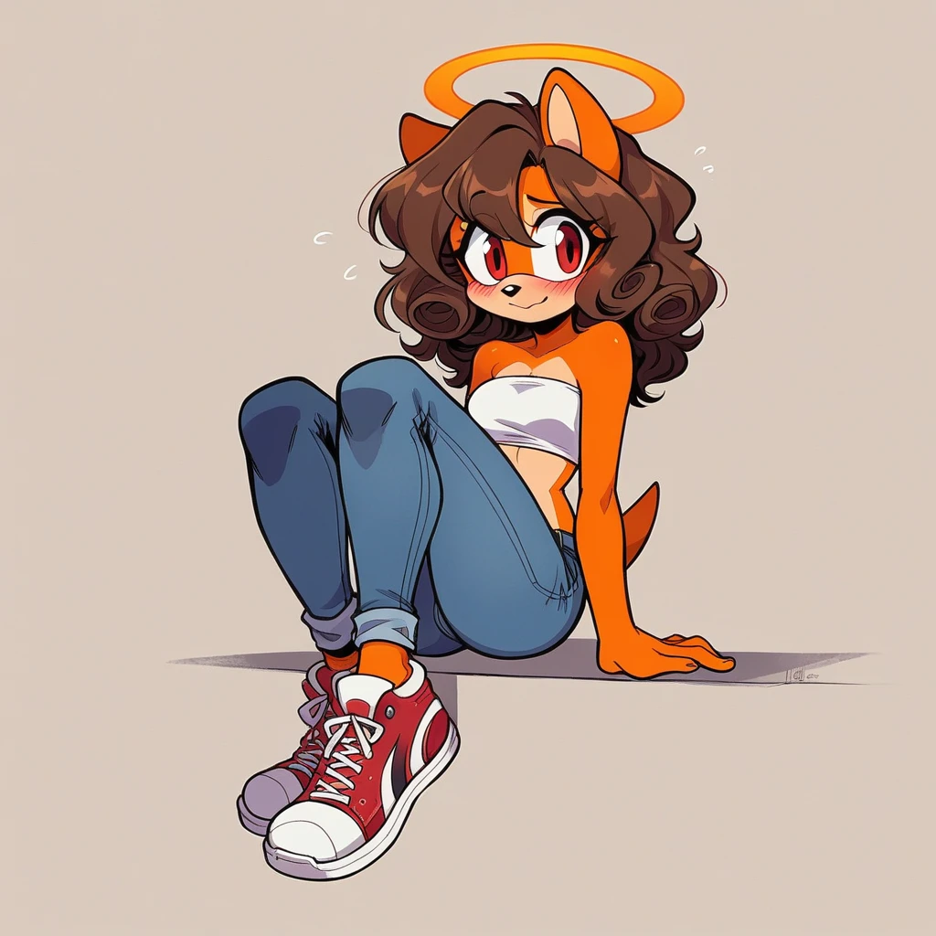 score_9, score_8_up, mobian, solo, hedgehog, two-tone fur ((orange fur, brown fur)), strapless bathing suit, cleavage, slim jeans, high-top sneakers, small breasts, two-tone hair (brown hair, black tip)), curly hair, halo, sunglasses, jewelry, red eyes, longeyelashes, red eyes, smile, shy, blush, pose, close up