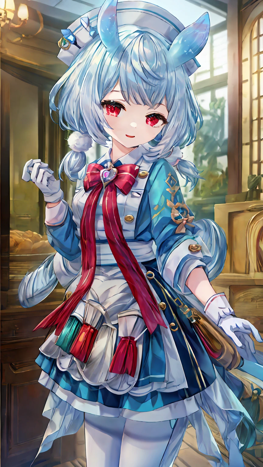 One girl, Shigewin \(Genshin Impact\), alone, Low twin tails, Animal ears, Red eyes, 青い髪 break (White Gloves 1.1), Red bow tie, Nurse cap, Princess Dress, White apron, Heart-shaped bag, Black shorts, (White Pantyhose:1.3) break エプロンの青いリボン, green shirt, Heart-shaped bag, white collar, Collared shirt, White waist ribbon, エプロンボウ break 視聴者を見る, 被写界深度 break looking at viewer, (Cowboy Shot:1.5), smile,下から構figure, Thighs, sexy, break (masterpiece:1.2), Highest quality, High resolution, unity 8k wallpaper (figure:0.8), (美しいFine grain:1.6), Highly detailed face, Perfect lighting, Highly detailed CG, (Perfect hands, Perfect Anatomy) break ((masterpiece,Highest quality)), Super detailed, Shine, Shine光, Ray Tracing, (Perfect Face, Detailed face, Fine grain, Perfect hands, Perfect Fingers:1.5), HD, Super cute face, Highest quality, Super detailed break Shine目, (Highest qualityの写実的なイラスト), (Super fine), (Cute illustrations:1.3), (High chroma:1.3), Beautiful detailed face and eyes, Dynamic lighting, (Very delicate and beautiful) break (Nice hands), (Perfect hands:1.4), Highly detailed illustration, Super cute and beautiful, Highest quality, slender, ,, break 病院, Medical equipment, (Cute Background, There are many elements in the background:1.2),((Super detailedな背景)), ((8K wallpaper))
