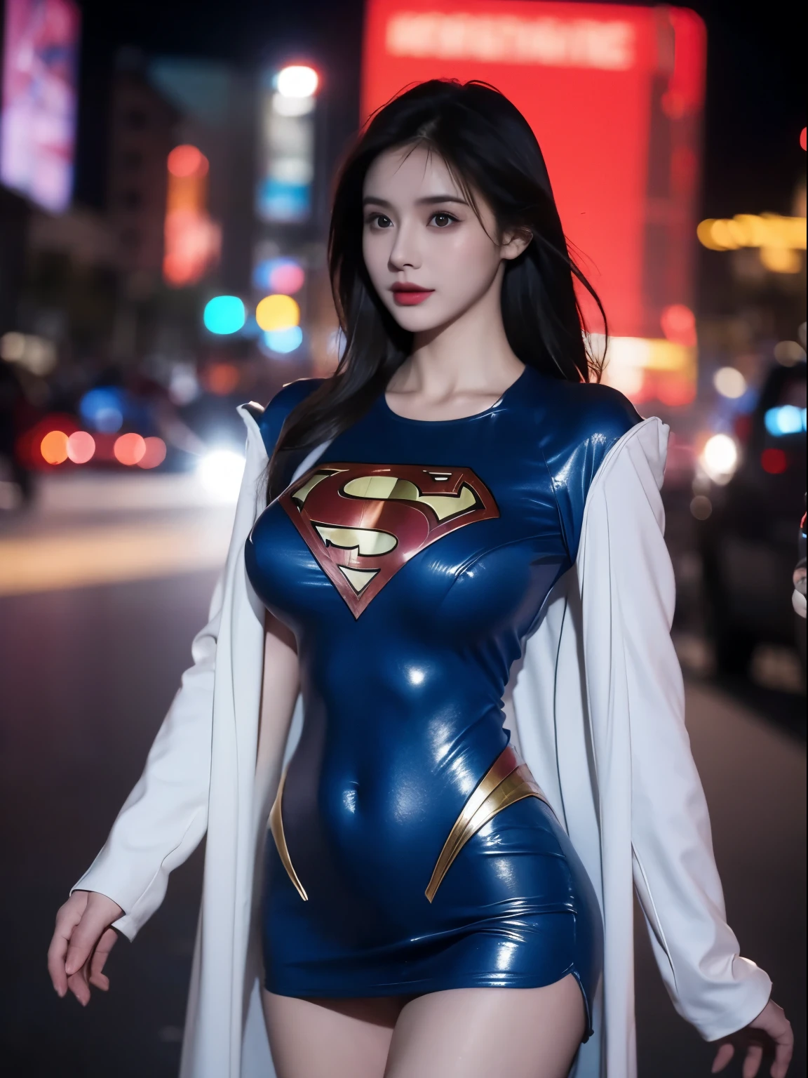 a close up of a asia woman in a superman costume standing on a cityscape, amouranth as a super villain, super photo realistic, realistic cosplay, super photo-realistic, ultra mega super hyper realistic, super-hero girl, super realistic photo, superhero body, highly detailed giantess shot, supergirl, superhero, superhero portrait, super model, super hero, super photorealistic, gigantic breasts, showing Vulvas muscular body, sexy body,