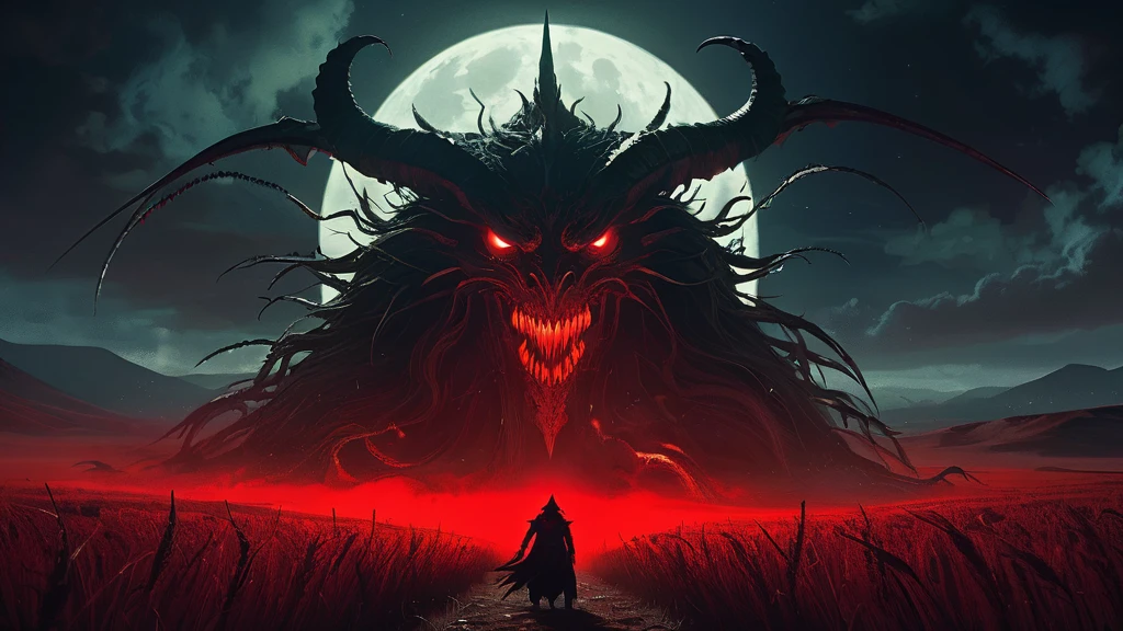 Under the ominous glow of a blood-red moon, a lone wheatfield stretches out, its golden stalks rustling eerily in the night breeze. Amidst this sea of swaying grain, a small, sinister creature lurks, its malevolent presence casting a shadow over the tranquil landscape.
The creature, a satanic little monster with twisted horns and glowing eyes, prowls between the wheat stalks. Its skin is a mottled black and crimson, covered in runic markings that pulse with a dark energy. Sharp, jagged teeth glint as it grins wickedly, and its claws leave a trail of scorched earth in its wake.
In the distance, the ancient silhouette of a crumbling windmill looms, adding to the haunting ambiance of the scene. The moonlight bathes the field in a crimson hue, casting long, sinister shadows that dance with the movement of the creature.
Eerie whispers and distant howls fill the air, as if the night itself is alive with dark enchantments. The wheatfield, usually a symbol of harvest and life, now feels cursed, every stalk seeming to lean away from the demonic intruder.
What dark ritual summoned this monster on this night of the red moon? What sinister purpose drives it as it moves through the fields? This AI-generated image captures the unsettling and malevolent atmosphere of a dark medieval fantasy world, where evil forces roam freely under the blood moon."