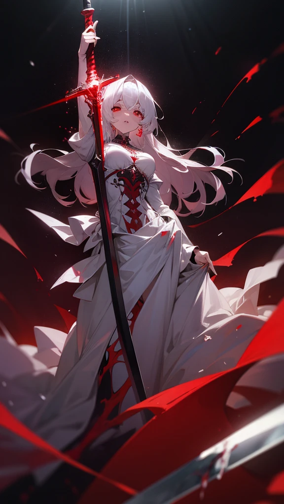 A transcendent soul of a blood goddess holding a sword,bloody dress,red eyes,visible skeleton