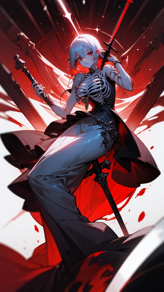 A transcendent soul of a blood goddess holding a sword,bloody dress,red eyes,visible skeleton