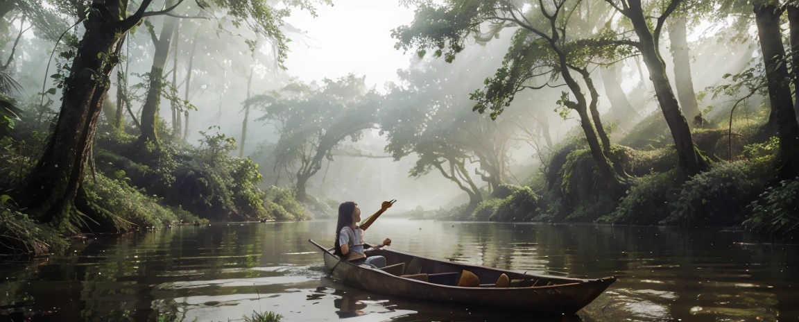young adventurer girl,river in the fog, Mystical forest lagoon, dreamy scene, Индонезия National Geographic, in a serene landscape, Mystical scene, Mysterious lake, Beautiful Vietnamese jungle, mystical setting, Beautiful setting, Tranquil environment, early morning light, Awesome atmosphere, Morning River, enchanting and otherworldly, lost in a dreamy fairytale landscape, many colors