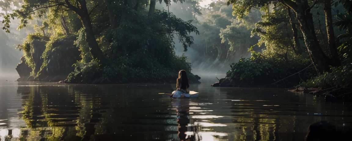 young adventurer girl,river in the fog, Mystical forest lagoon, dreamy scene, Индонезия National Geographic, in a serene landscape, Mystical scene, Mysterious lake, Beautiful Vietnamese jungle, mystical setting, Beautiful setting, Tranquil environment, early morning light, Awesome atmosphere, Morning River, enchanting and otherworldly, lost in a dreamy fairytale landscape, many colors