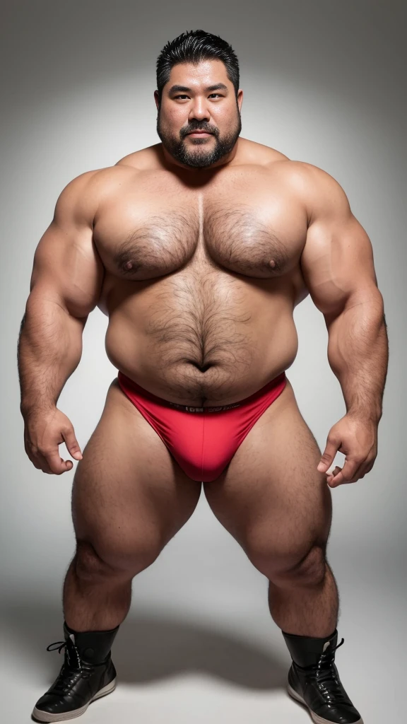 black hair, middle-aged man, individual, male, Muscular wrestler, muscular, Stout wrestler, Asian, Japanese, uncle, 55 year old middle-aged man, short hair, short hair, red wrestling boots, full body portrait, shadow, Vision, red briefs, obesity, 45 years old, short beard, middle-aged man, tattoo, fingerless gloves, Wheat skin, shiny skin, dark skin, Show your pectoral muscles, sumo wrestler, bodybuilder, wide temples, Visible abdominal muscles, Smile, Fine hands, solid color background, pure white background, Surrealism, Panorama, 8k, super detail,