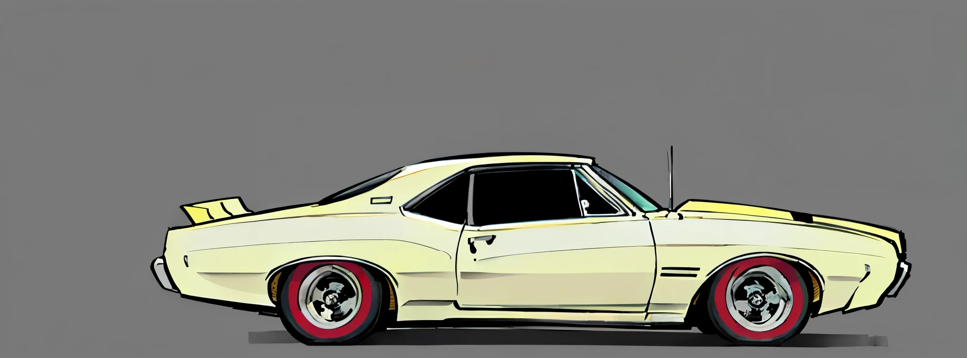 Dark Taupe  colored 1967 Pontiac GTO , pop art, cartoonish style , sketch, detailed illustration, large wheels, slammed to the ground, wide bodykit, masterpiece, highly detailed ((([simple  grey background])))
