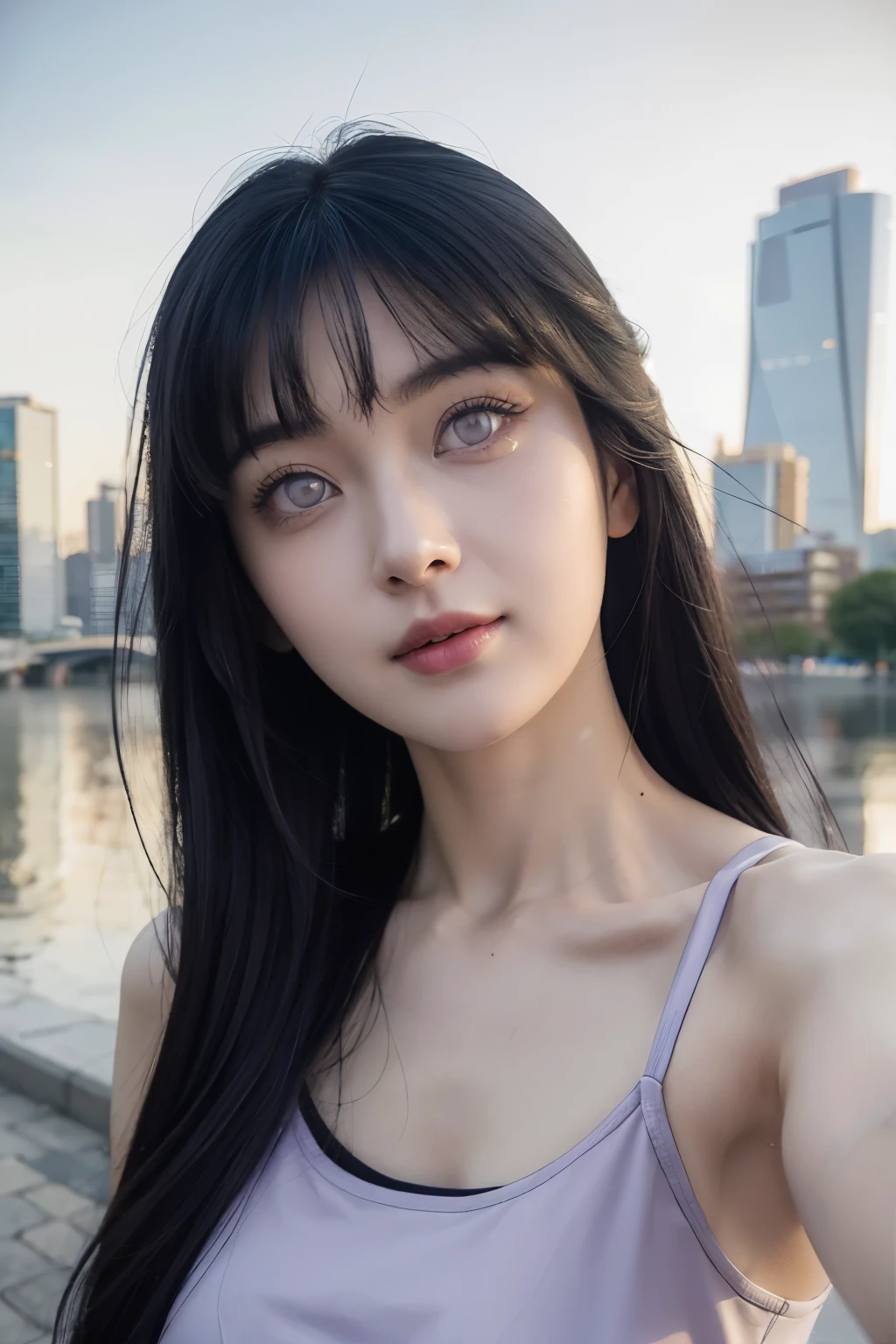 (RAW photos, best quality), (realistic, photorealistic: 1.2), (round face: 1), 1 girl, selfie outdoor, (high detail skin: 1.2), (purple eyes), (lying silkworm), smile, collarbone, straight black pony hair, black jogger pants, soft lighting, high quality, cityscape, skyline, sunshine, professional lighting, Photon mapping, radiosity, physically based rendering, realistic, Hinata Hyuga