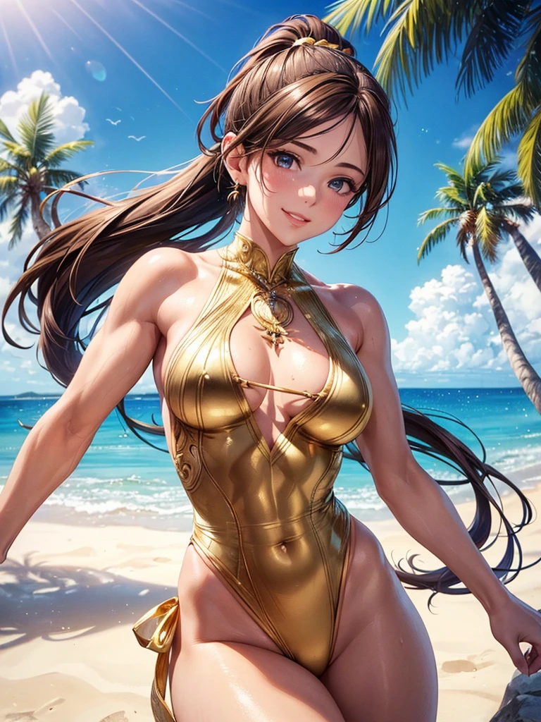 ,(best quality, ultra-detailed, realistic:1.37, masterpiece:1.2), woman, beautiful detailed eyes, beautiful detailed lips, brown hair tied up, smile,gold micro one-piece swimsuit, (muscular body:1.1),slim figure, caustics, textile shading, toned body, clean abs, palm trees swaying,  ponytail,