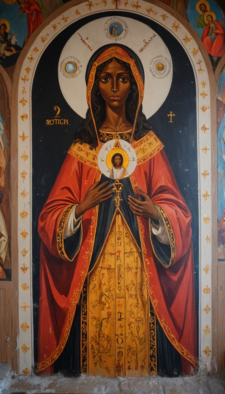 black priestess mary magdalene, elements of astrology, Orthodox painted on the interior wall of a Rortch church