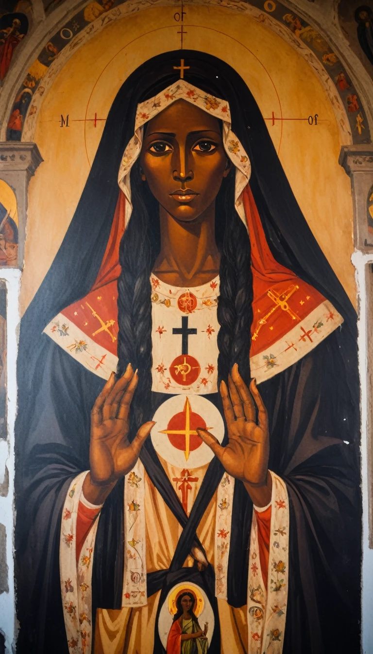 black priestess mary magdalene, elements of astrology, Orthodox painted on the interior wall of a Rortch church
