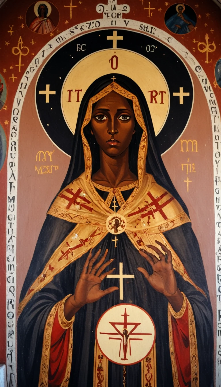 black priestess mary magdalene, elements of astrology, Orthodox painted on the interior wall of a Rortch church
