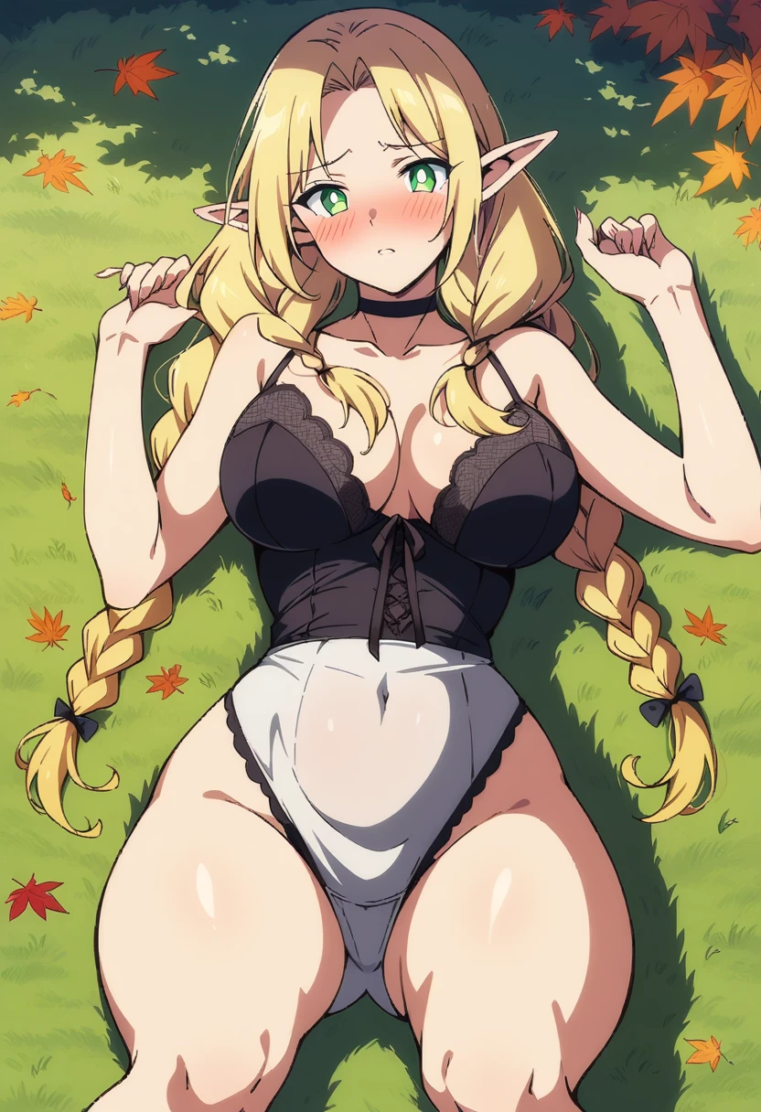 anime art style, masterpiece, best quality, very aesthetic, absurdres, dynamic shadows, atmosferic, marcilledonato, ((1girl)), blonde hair, ((long hair)), braid, twin braids, long braids, parted bangs, green eyes, detailed eyes, bright pupils, pointy ears, curvy body, large , sexy, lerie, see-throught, borrowed, embarrased, intense blush, ((feet out of frame)), (from front), (lying on back), (spread leg, (afternoon), (autumn), (trees), (clouds), (looking at viewer:1.0)