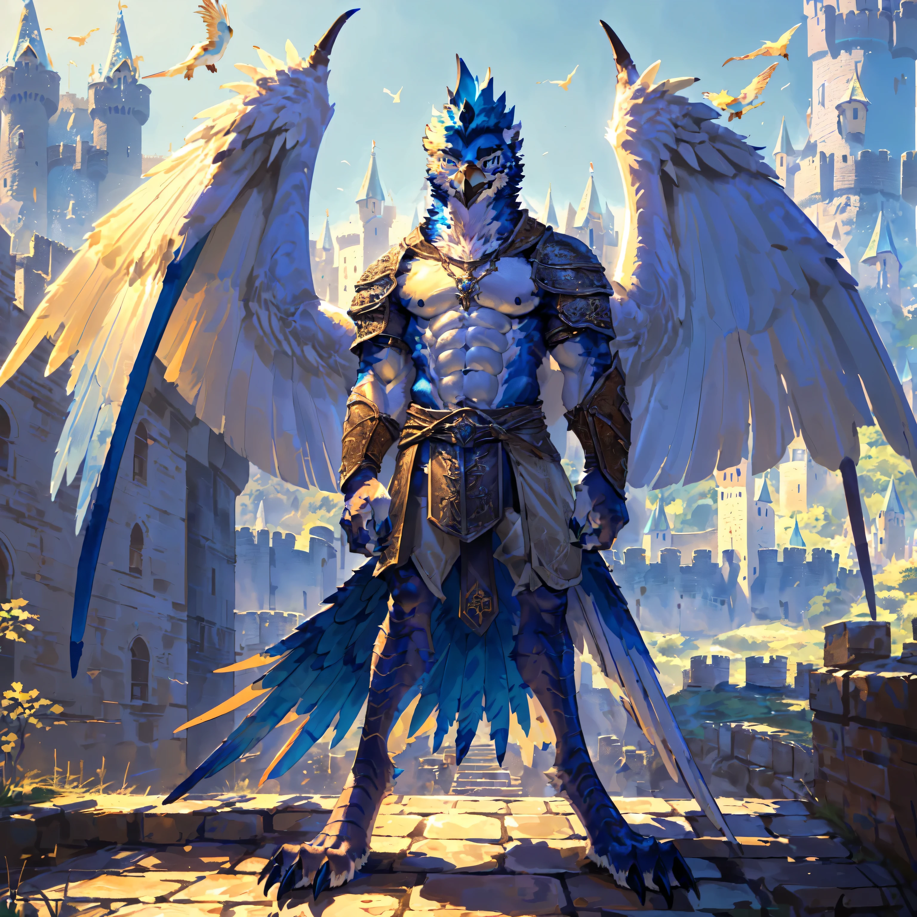 ((middle Ages:1.3,Castle Background:1.6)),(Royal Family:1.2),sunny,high resolution,4K,【whole body:1.1,Strike a pose:1.5】,masterpiece,high quality,((Griffin)),male,Furry,(teenager:1.3),hairy,((Fierce and vicious:1.4)),(((Lean:1.4,Big Wings:1.3,Bird claws子:1.3))),(((Blue head:1.3,White abs:1.4))),(((White Wings:1.3))),(((pupil:1.2))),(((Bird claws:1.3))),(((Long legs:1.3))),((No shirt,No underwear)),Exquisite eyes,Detailed body,Detailed claws,Detailed feet,Kenket's Art