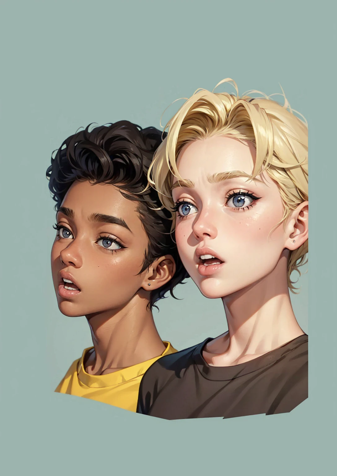 image of the faces of two teenagers, a 17-year-old black man and a 15-year-old blonde, an expression of temptation with their mouths open 
