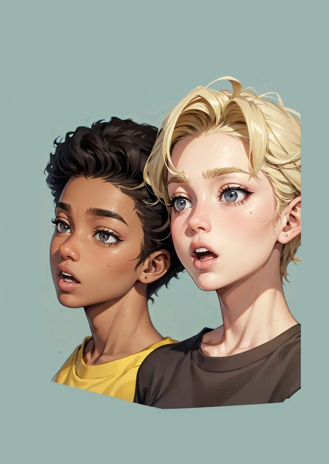 image of the faces of two agers, a 17-year-old black man and a 15-year-old blonde, an expression of temptation with their mouths open