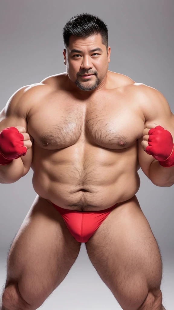 black hair, middle-aged man, individual, male, Muscular wrestler, muscular, Stout wrestler, Asian, Japanese, uncle, 55 year old middle-aged man, short hair, short hair, red wrestling boots, full body portrait, shadow, Vision, red briefs, obesity, 45 years old, short beard, middle-aged man, tattoo, fingerless gloves, Wheat skin, shiny skin, dark skin, Show your pectoral muscles, sumo wrestler, bodybuilder, wide temples, Visible abdominal muscles, Smile, Fine hands, solid color background, pure white background, Surrealism, Panorama, 8k, super detail，