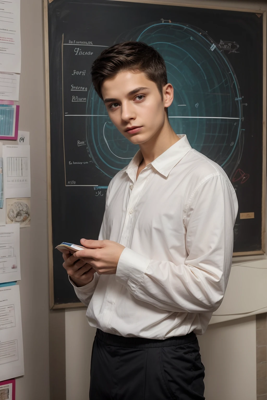 A beautiful young man, a cute male twink, with black hair, a face with reddish make-up, wearing a bright white long-sleeved shirt and aqua blue pants. He is in his office, and behind him is a blackboard on which is written the shape of the brain and its anatomy, and nuclear energy comes out of it, and in his hand is an anatomy medicine book.