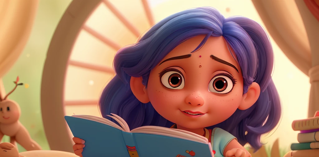 Close up of Priya's face, her eyes full of wonder and imagination as she reads fairy tales. 4k