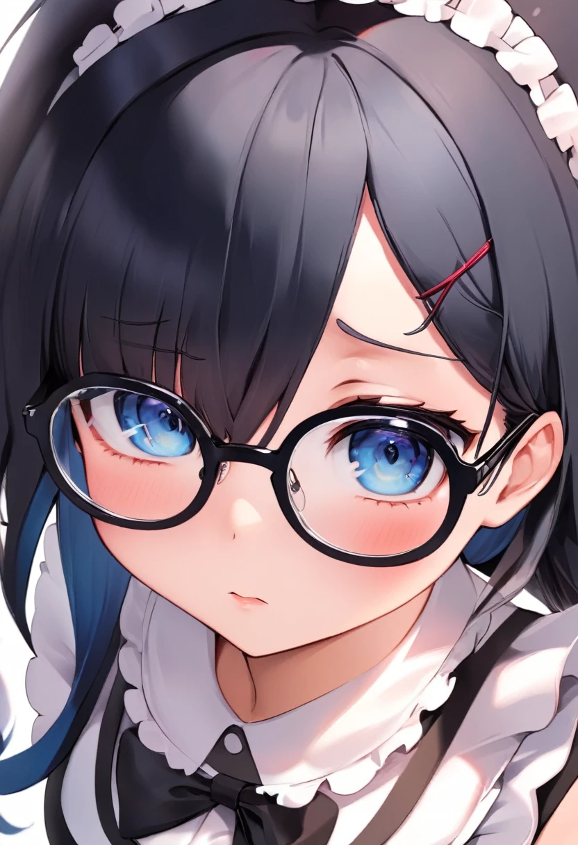 close-up, 1girl, maid costume, long black hair, tsundere, clear glasses with red frame