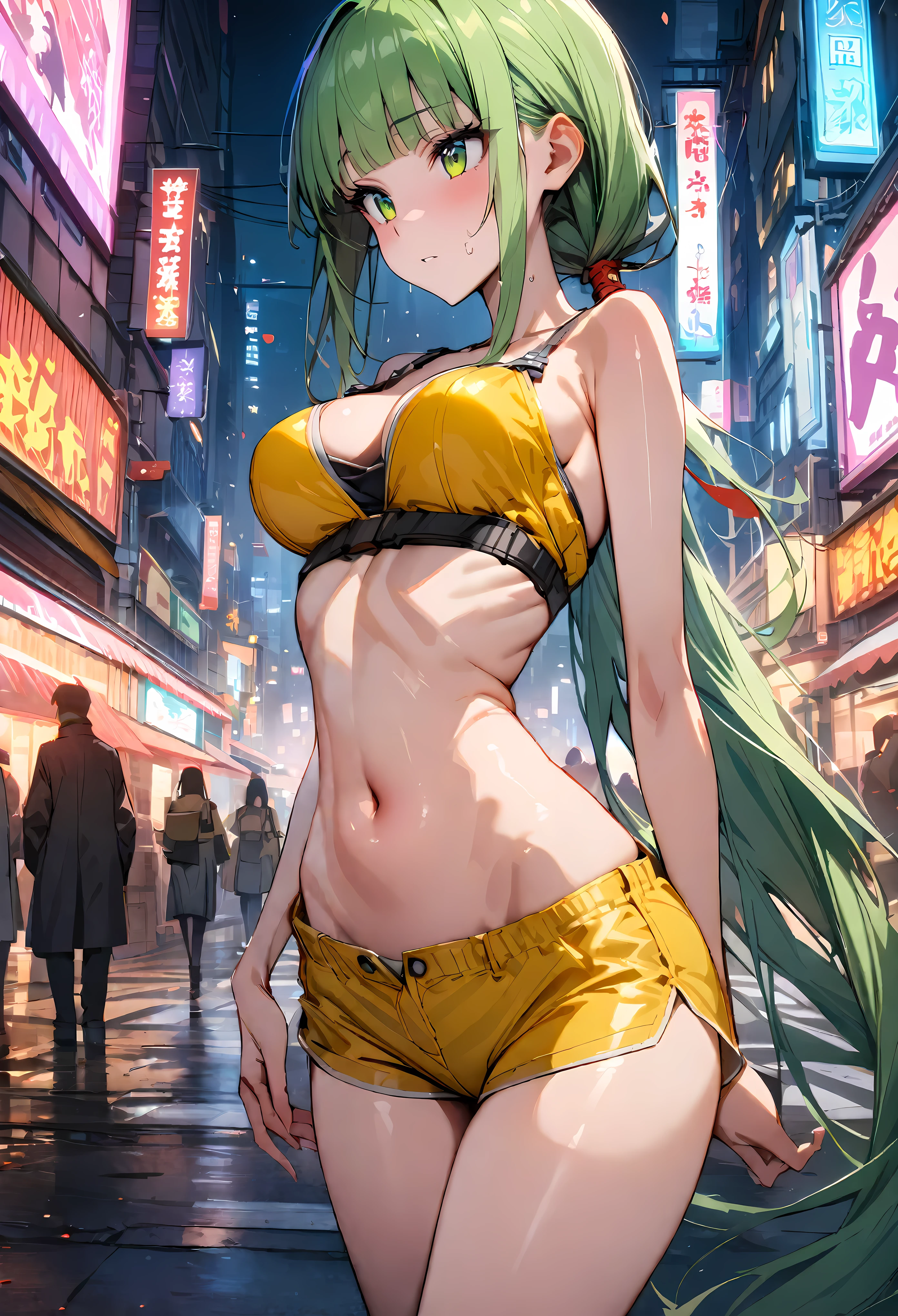 ((masterpiece,Highest quality:1.3)),cowboy shot,1woman,30 year old beauty、solo,(very small head:1.3),green hair,(low ponytail),long hair,blunt bangs,green eyes,gorgeous eyes,shy、Staring at the audience、medium breasts,(very long body:1.2),(toned body,slender body,skinny),gleaming skin,shiny skin,oily skin,Light green tube top bra、navel、Yellow micro shorts、on street,Metropolis,neon、World of Blade Runner、