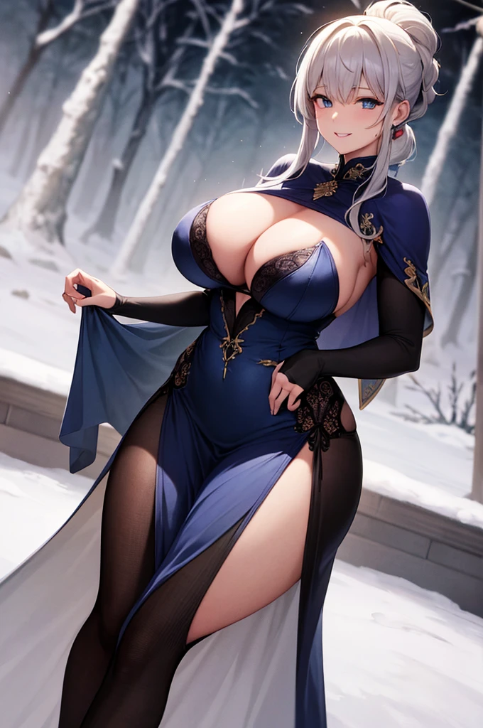 milf, 30 years old, (highres, masterpiece:1.2), white hair, robe, grey robe, huge breasts, thick thighs, standing, pelvic curtain, thighhighs, v-neck, strapless dress, blue eyes, smile, long hair, (layered dress, elaborate clothing, detailed clothing, detailed dress), ponytail, snow, forest in background, blueand white dress, cape, black legwear