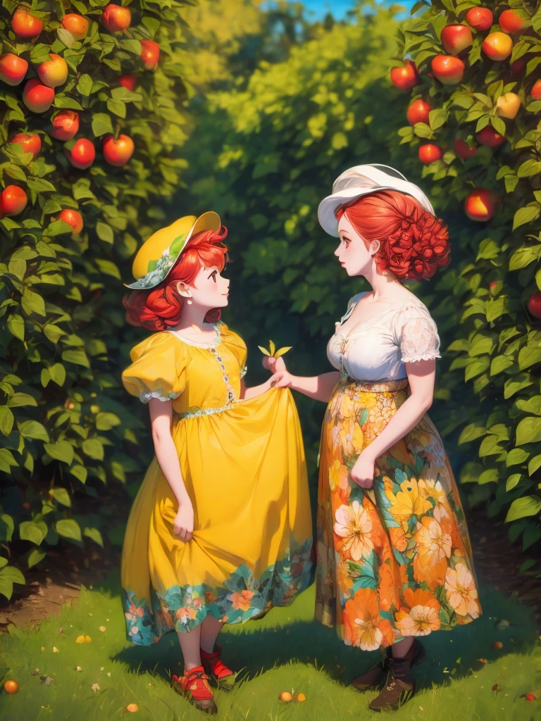 arafed woman in a floral dress and yellow hat standing in an apple orchard, standing in an apple orchard, wearing a french beret, portra 8 0 0 ”, inspired by Elsa Beskow, picking apples from a tree, an oversized beret, by Zofia Stryjenska, with curly red hair, renaissance autumnal, red hair and freckles