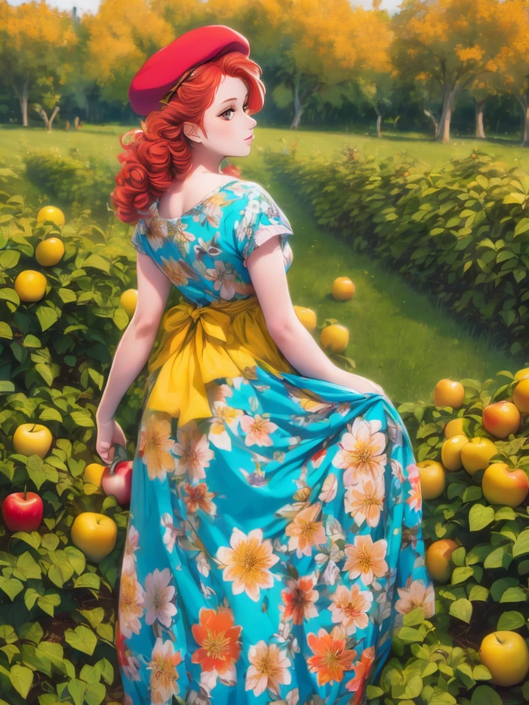 arafed woman in a floral dress and yellow hat standing in an apple orchard, standing in an apple orchard, wearing a french beret, portra 8 0 0 ”, inspired by Elsa Beskow, picking apples from a tree, an oversized beret, by Zofia Stryjenska, with curly red hair, renaissance autumnal, red hair and freckles