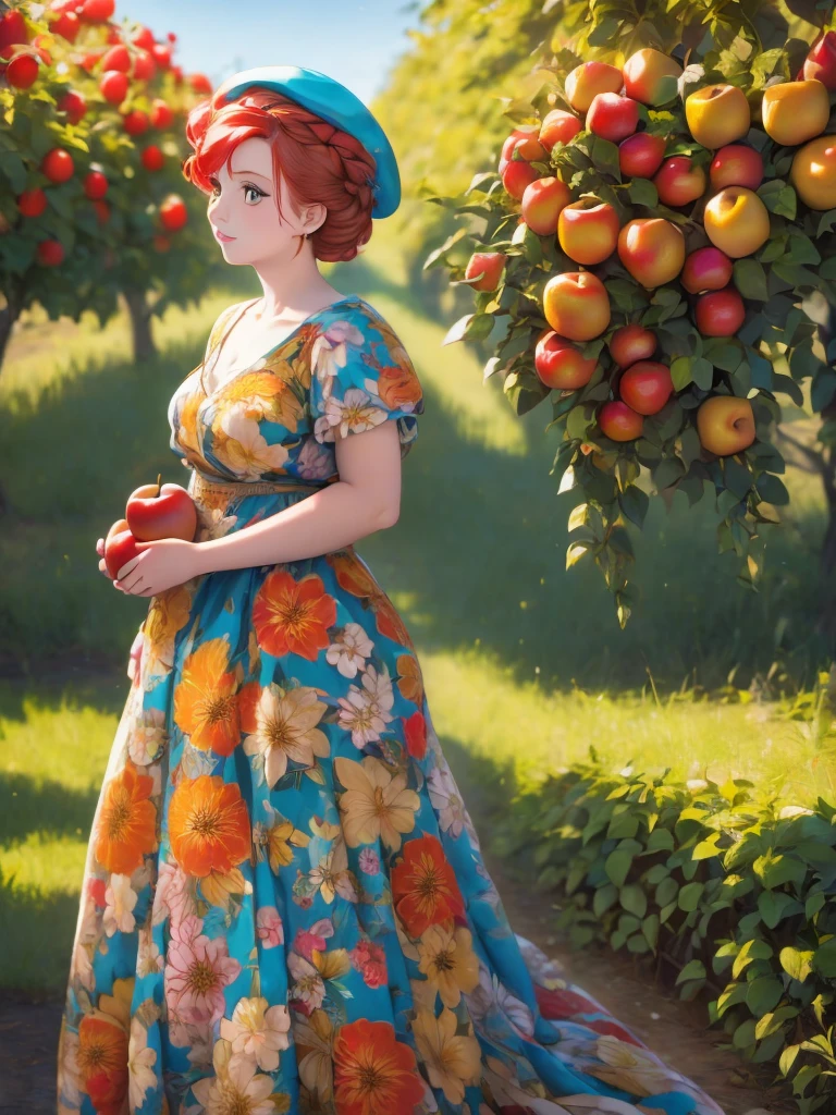 arafed woman in a floral dress and yellow hat standing in an apple orchard, standing in an apple orchard, wearing a french beret, portra 8 0 0 ”, inspired by Elsa Beskow, picking apples from a tree, an oversized beret, by Zofia Stryjenska, with curly red hair, renaissance autumnal, red hair and freckles