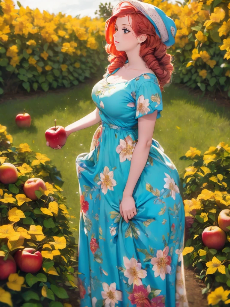 arafed woman in a floral dress and yellow hat standing in an apple orchard, standing in an apple orchard, wearing a french beret, portra 8 0 0 ”, inspired by Elsa Beskow, picking apples from a tree, an oversized beret, by Zofia Stryjenska, with curly red hair, renaissance autumnal, red hair and freckles