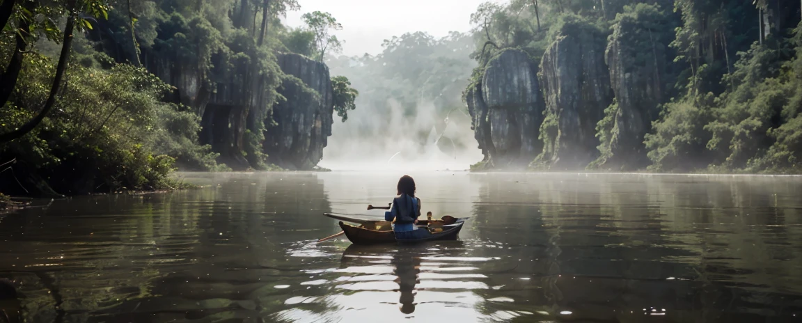 young adventurer girl,on a boat, minimum clothing, river in the fog, Mystical forest lagoon, dreamy scene, Индонезия National Geographic, in a serene landscape, Mystical scene, Mysterious lake, Beautiful Vietnamese jungle, mystical setting, Beautiful setting, Tranquil environment, early morning light, Awesome atmosphere, Morning River, enchanting and otherworldly, lost in a dreamy fairytale landscape, many colors