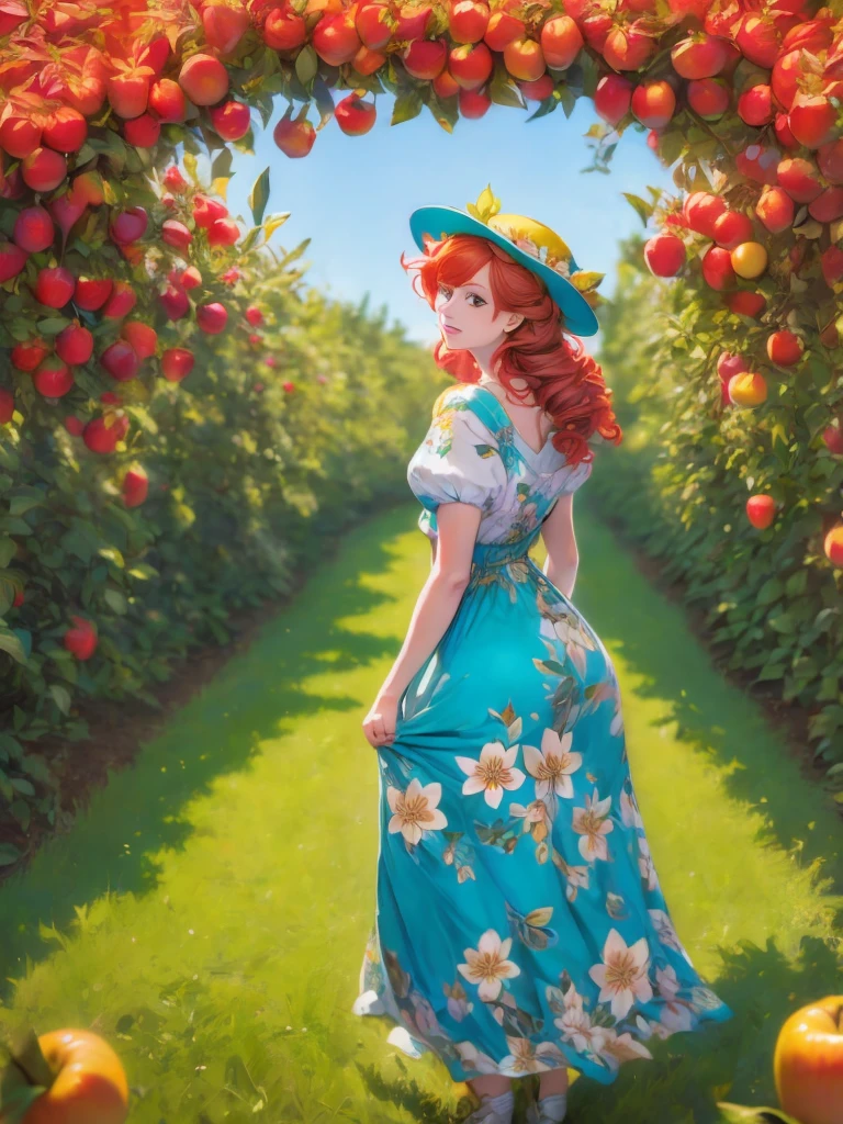 arafed woman in a floral dress and yellow hat standing in an apple orchard, a portrait inspired by Elsa Beskow, pexels, art nouveau, standing in an apple orchard, wearing a french beret, portra 8 0 0 ”, picking apples from a tree, an oversized beret, with curly red hair, renaissance autumnal, red hair and freckles