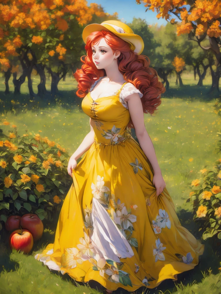 arafed woman in a floral dress and yellow hat standing in an apple orchard, standing in an apple orchard, wearing a french beret, portra 8 0 0 ”, inspired by Elsa Beskow, picking apples from a tree, an oversized beret, by Zofia Stryjenska, with curly red hair, renaissance autumnal, red hair and freckles
