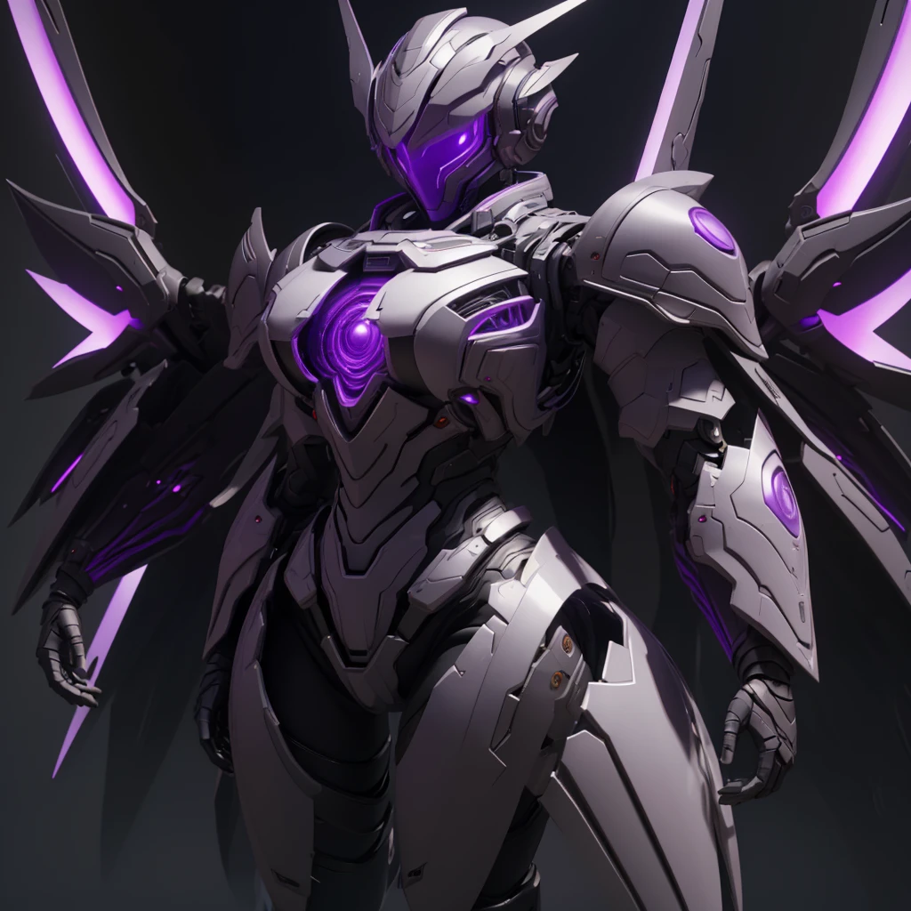 (masterpiece), (best quality), (high res) Solo, (perfect anatomy) Dronificated unknown woman , (enclosed gray full body big heavy armor), (lavender lights), (lavender circular glowing core in the chest), (enclosed cyber helmet), mechanical wings, (lavender screen), huge breast, narrow waist, wide hips, thick thighs, in a storage, (no face) no face, no hair, no mouth, no eyes, in a factory