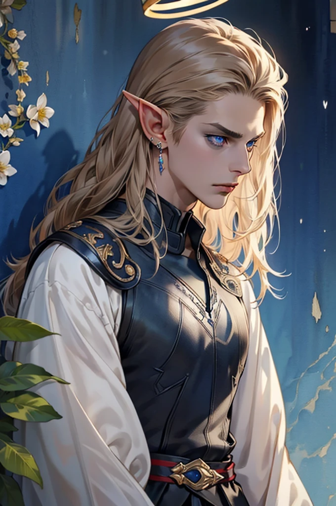 (masterpiece:1.2, best quality), (exquisite eyes: 1.2), ((solo)), (blue eyes:1.4), (exquisite eyes and exquisite face:1.3), ( beautiful and clear background: 1.2), (extremely detailed CG, super detailed, best shadows: 1.1), ((depth of field)), ((watercolor)), Beautiful Concept Art, (dark Background: 0.5), (Illustration: 1.1), (Extremely Delicate: 1.1), (Perfect Details: 1.1), Profile, long hair ,light brown hair,, solo,male, elf ears, ear piercings , black armor, black clothes,Fulllength, angry, big halo, strong, angel, metal face mask