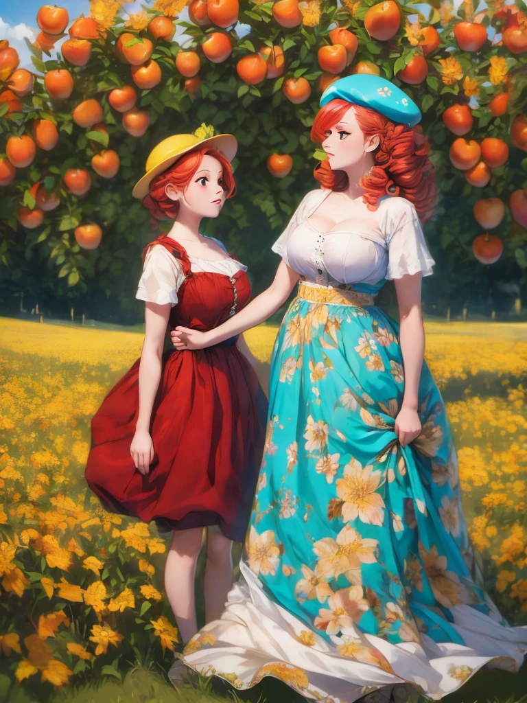 arafed woman in a floral dress and yellow hat standing in an apple orchard, standing in an apple orchard, wearing a french beret, portra 8 0 0 ”, inspired by Elsa Beskow, picking apples from a tree, an oversized beret, by Zofia Stryjenska, with curly red hair, renaissance autumnal, red hair and freckles