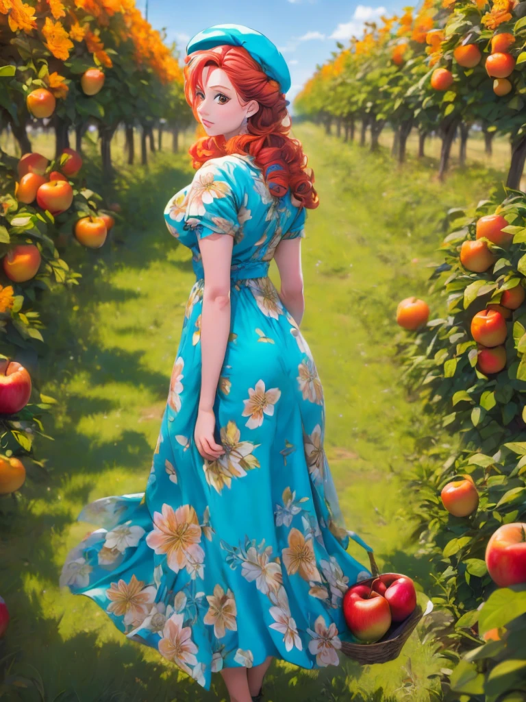 arafed woman in a floral dress and yellow hat standing in an apple orchard, standing in an apple orchard, wearing a french beret, portra 8 0 0 ”, inspired by Elsa Beskow, picking apples from a tree, an oversized beret, by Zofia Stryjenska, with curly red hair, renaissance autumnal, red hair and freckles