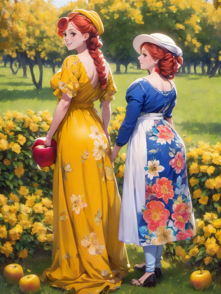 arafed woman in a floral dress and yellow hat standing in an apple orchard, standing in an apple orchard, wearing a french beret, portra 8 0 0 ”, inspired by Elsa Beskow, picking apples from a tree, an oversized beret, by Zofia Stryjenska, with curly red hair, renaissance autumnal, red hair and freckles