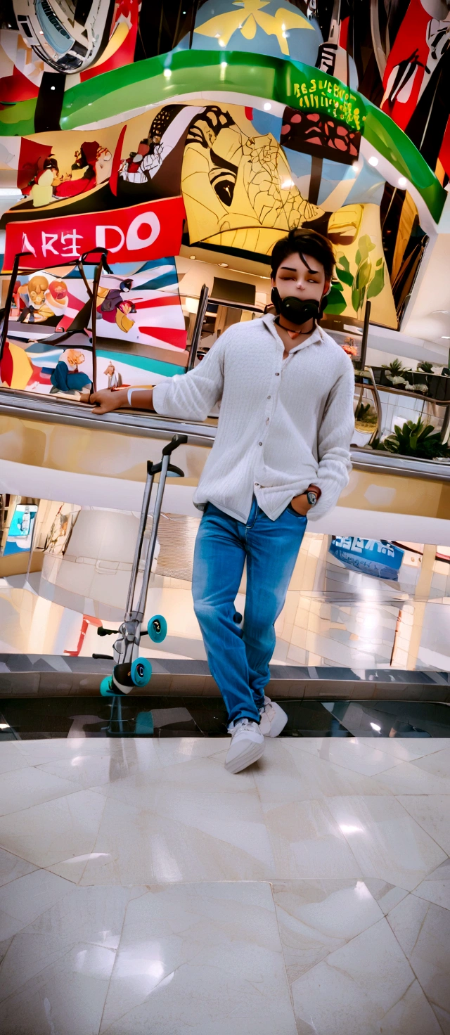 there is a man that is standing on a skateboard in the street, appearing in a shopping mall, in a mall, at a mall, in magnificent shopping mall, standing in a city center, full body photogenic shot, jayison devadas style, shot on iphone 1 3 pro max, jayison devadas, candid picture, taken with sony alpha 9, mall background