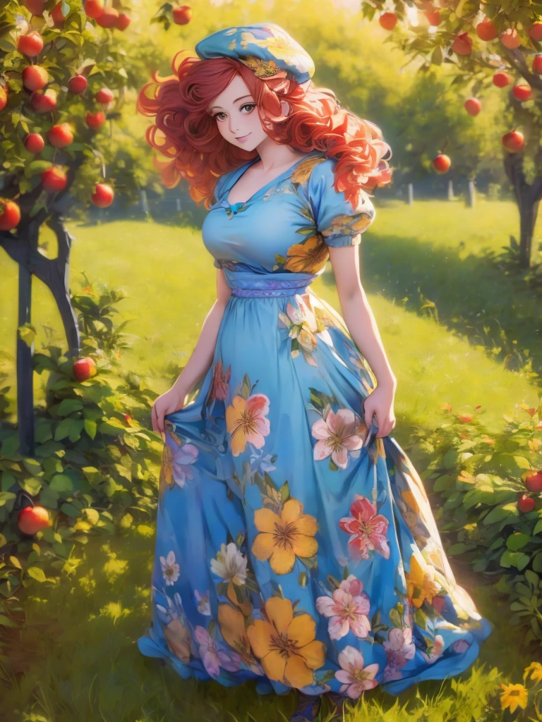 arafed woman in a floral dress and yellow hat standing in an apple orchard, a portrait inspired by Elsa Beskow, pexels, art nouveau, standing in an apple orchard, wearing a french beret, portra 8 0 0 ”, picking apples from a tree, an oversized beret, with curly red hair, renaissance autumnal, red hair and freckles
