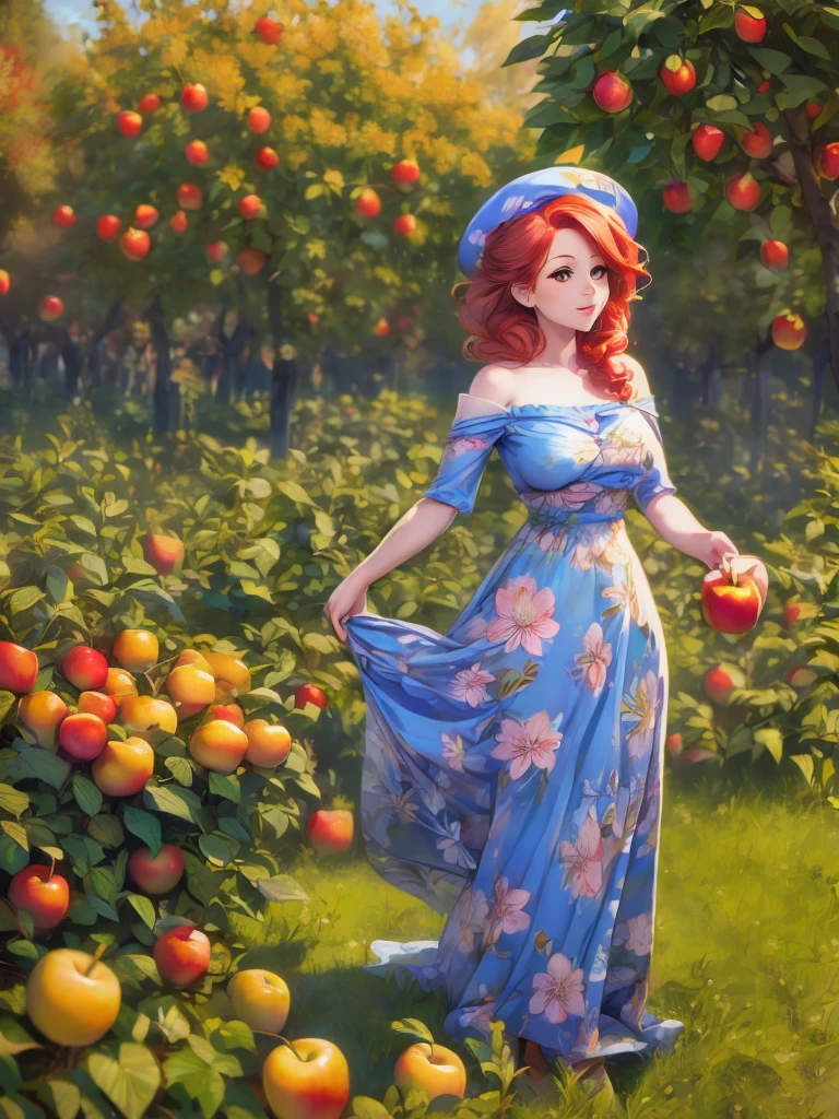 arafed woman in a floral dress and yellow hat standing in an apple orchard, standing in an apple orchard, wearing a french beret, portra 8 0 0 ”, inspired by Elsa Beskow, picking apples from a tree, an oversized beret, by Zofia Stryjenska, with curly red hair, renaissance autumnal, red hair and freckles
