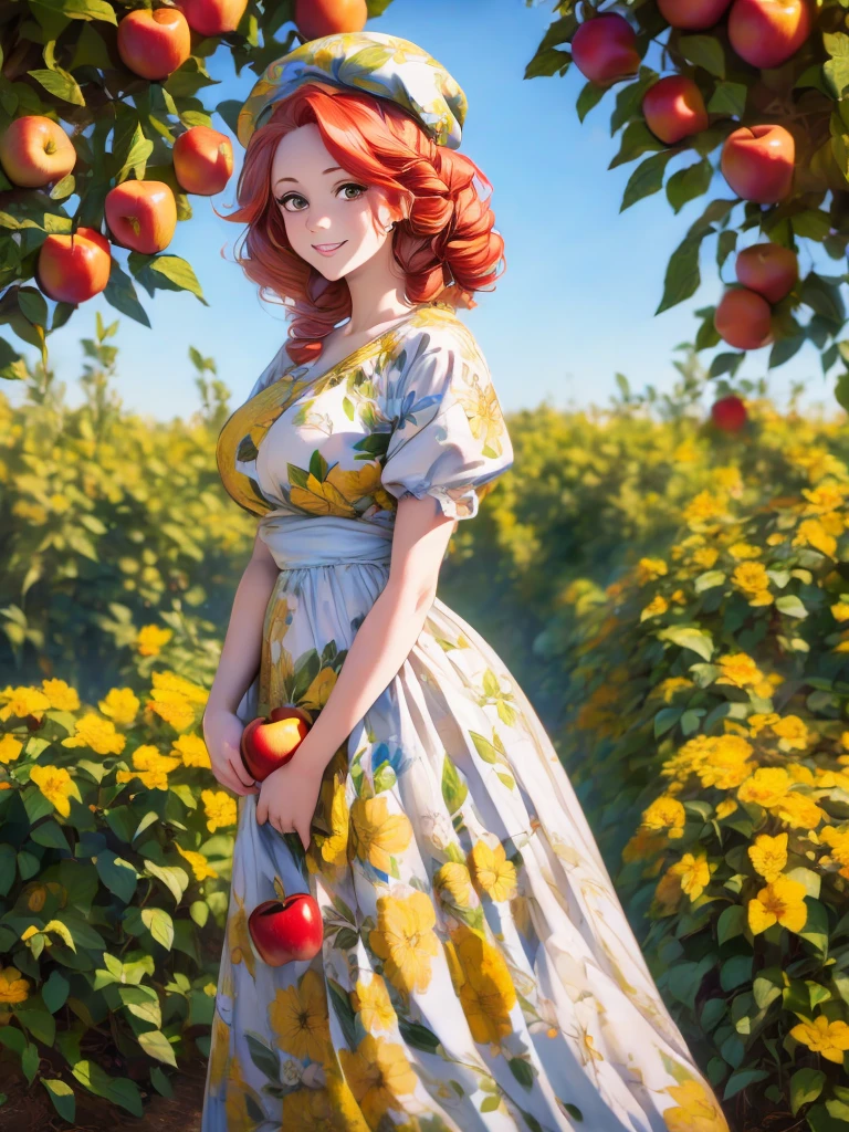 arafed woman in a floral dress and yellow hat standing in an apple orchard, standing in an apple orchard, wearing a french beret, portra 8 0 0 ”, inspired by Elsa Beskow, picking apples from a tree, an oversized beret, by Zofia Stryjenska, with curly red hair, renaissance autumnal, red hair and freckles