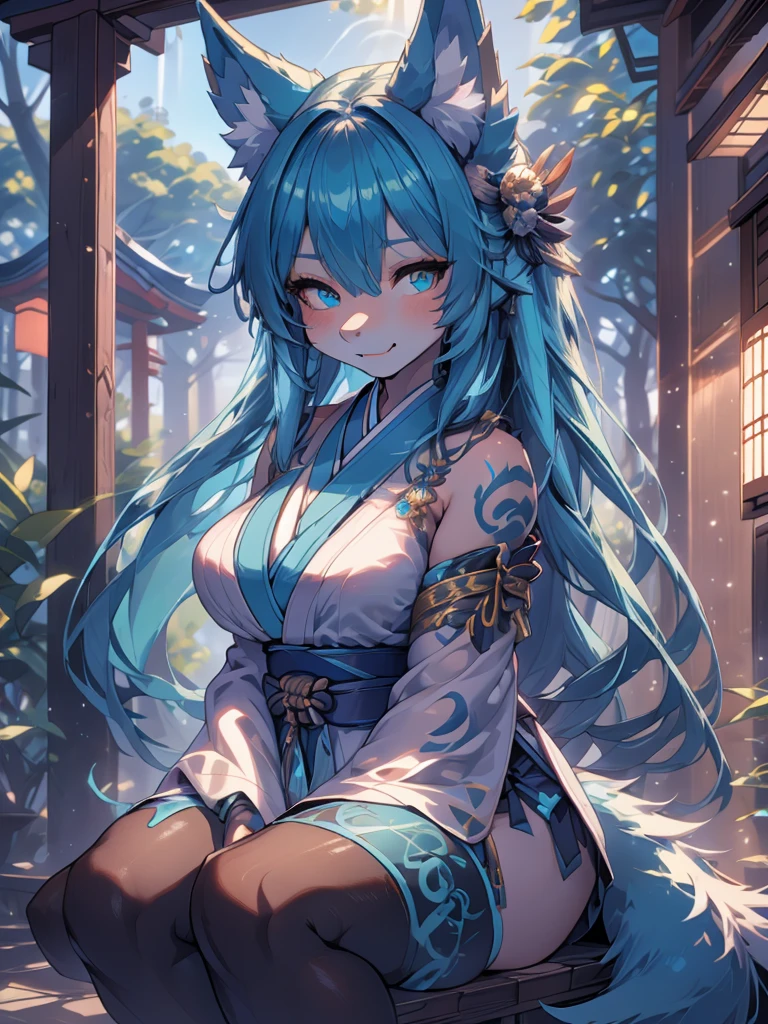 Miku Hatsune x vixen high definition good anatomy add_detail:1, blue fur,kitsune ears, tribal tattoo add_detail:1, cute girl add_detail:1, feudal priestess clothing add_detail:1, japanese shrine landscape add_detail:1, japanese shrine costume add_detail:1, add_detail:1, fullbody  descalza add_detail, highly detailed face, deep aqua iris add_detail:1 lighting eyes add_detail:3, wolf claws, sharp fangs add_detail:1, wild slut add_detail:1, aura of resplendent light add_detail:3