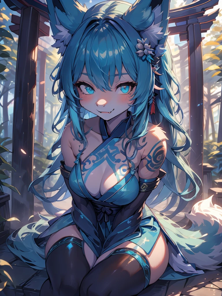 Miku Hatsune x vixen high definition good anatomy add_detail:1, blue fur,kitsune ears, tribal tattoo add_detail:1, cute girl add_detail:1, feudal priestess clothing add_detail:1, japanese shrine landscape add_detail:1, japanese shrine costume add_detail:1, add_detail:1, fullbody descalza add_detail, highly detailed face, deep aqua iris add_detail:1 lighting eyes add_detail:3, wolf claws, sharp fangs add_detail:1, wild slut add_detail:1, aura of resplendent light add_detail:3