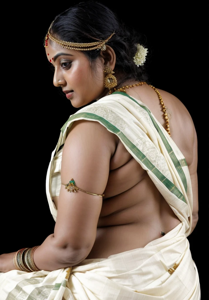 An Extremely gorgeous and beautiful Bengali village woman, 45 yo, pale white skin, sensual appealing body, perfect thick and chubby Beauty, wearing saree bare-chested, curvy, sexy navel folds, fleshy figure, Bengali village style saree, wearing a Bengali-style saree without a blouse,, ethnic vintage bengali village woman, bengali style saree, The sari was worn without a blouse and petticoat before the British Raj, baring one's chest or being blouseless, simple village ornaments, Bengalis a.k.a. Bongs are known for their unique Bengali fashion sense (the way they don that sari makes you go wow), Pre British Raj, Pre colonial era, Bengali Woman draping sari without blouse is a normal thing in pre British Era, bong woman,