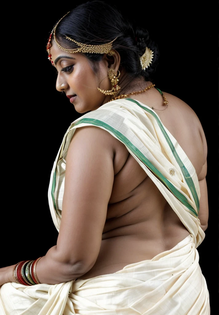 An Extremely gorgeous and beautiful Bengali village woman, 45 yo, pale white skin, sensual appealing body, perfect thick and chubby Beauty, wearing saree bare-chested, curvy, sexy navel folds, fleshy figure, Bengali village style saree, wearing a Bengali-style saree without a blouse,, ethnic vintage bengali village woman, bengali style saree, The sari was worn without a blouse and petticoat before the British Raj, baring one's chest or being blouseless, simple village ornaments, Bengalis a.k.a. Bongs are known for their unique Bengali fashion sense (the way they don that sari makes you go wow), Pre British Raj, Pre colonial era, Bengali Woman draping sari without blouse is a normal thing in pre British Era, bong woman,