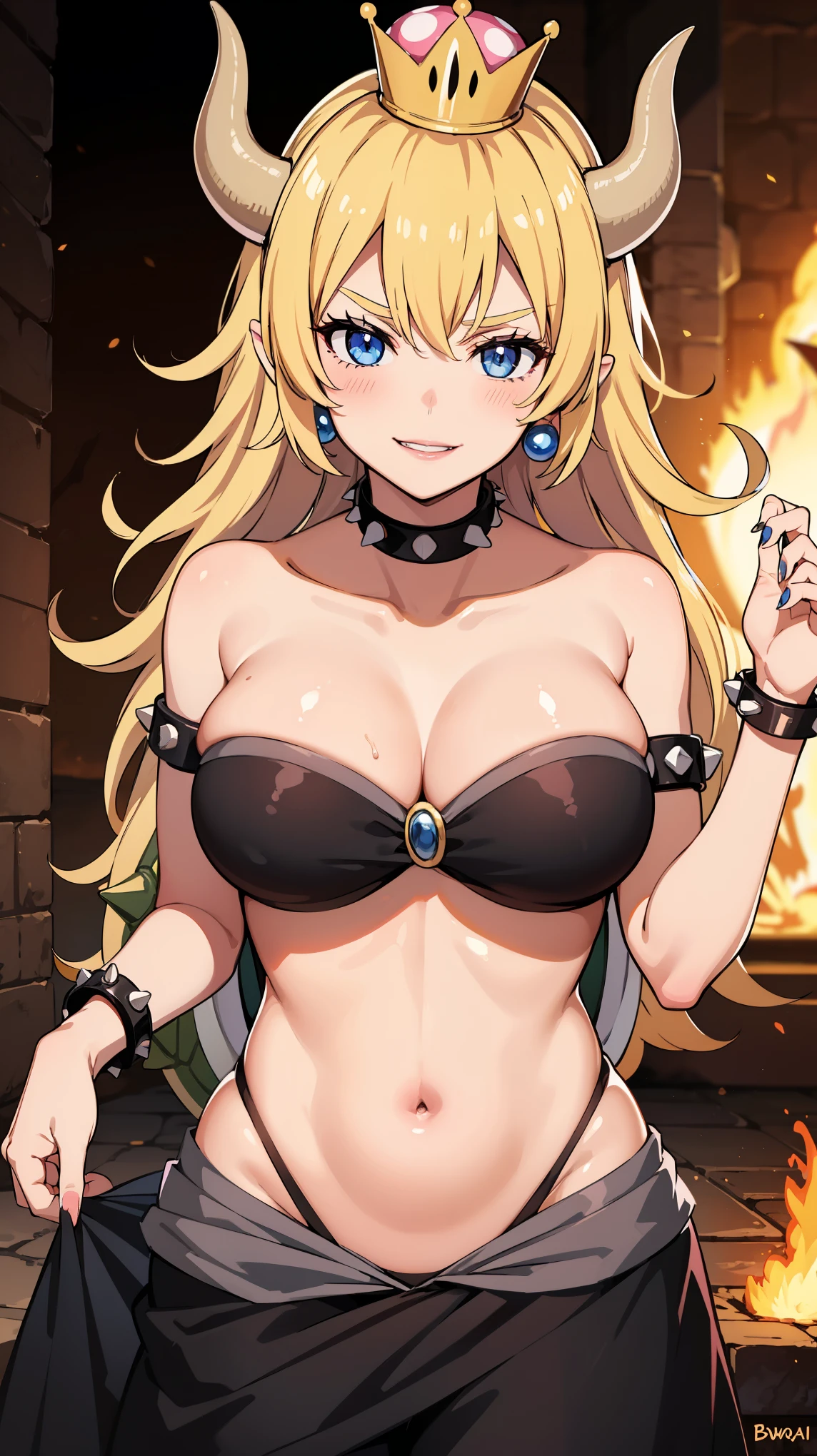 best quality, high resolution, large breasts, blonde hair, blush, Evil smile, cowboy shot, looking at viewer, bowsette, pink lip, in a volcano with lava, (((sexy shoulders))), (((shoulders Focus)))