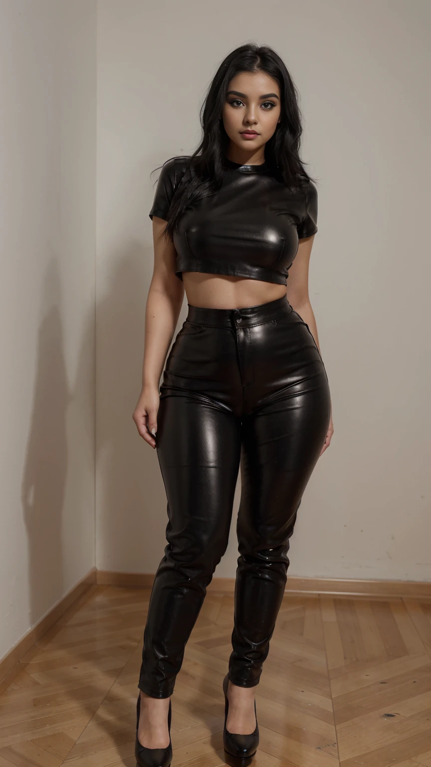 Full body perfect image, 20 years old, curvy Black hair very stunning cute face with makeup, dressed in black leather pants and black top, standing with high heels.