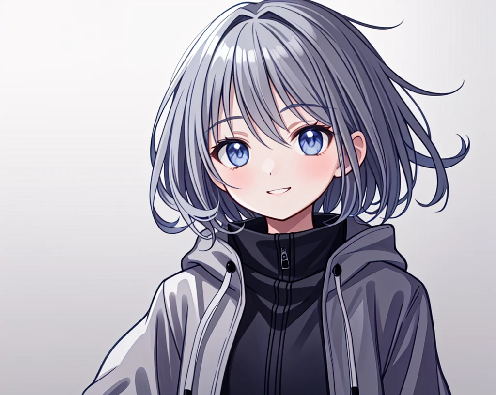 【Highest quality, Tabletop】 [girl, coat, Expressionless, blue eyes, Positive, Black Hair, walking, Upper Body] (Gray white background:1.7), Smiling with teeth showing