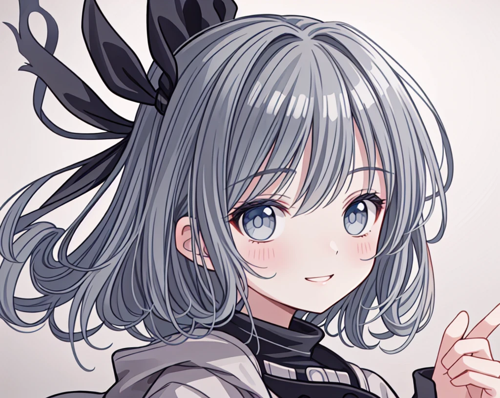 【Highest quality, Tabletop】 [girl, coat, Expressionless, blue eyes, Positive, Black Hair, walking, Upper Body] (Gray white background:1.7), Smiling with teeth showing